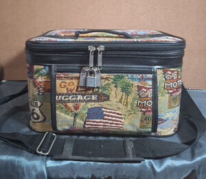 VTG Pioneer Express Route 66 Tapestry Travel Makeup Hard Suit Case Bag &Mirror